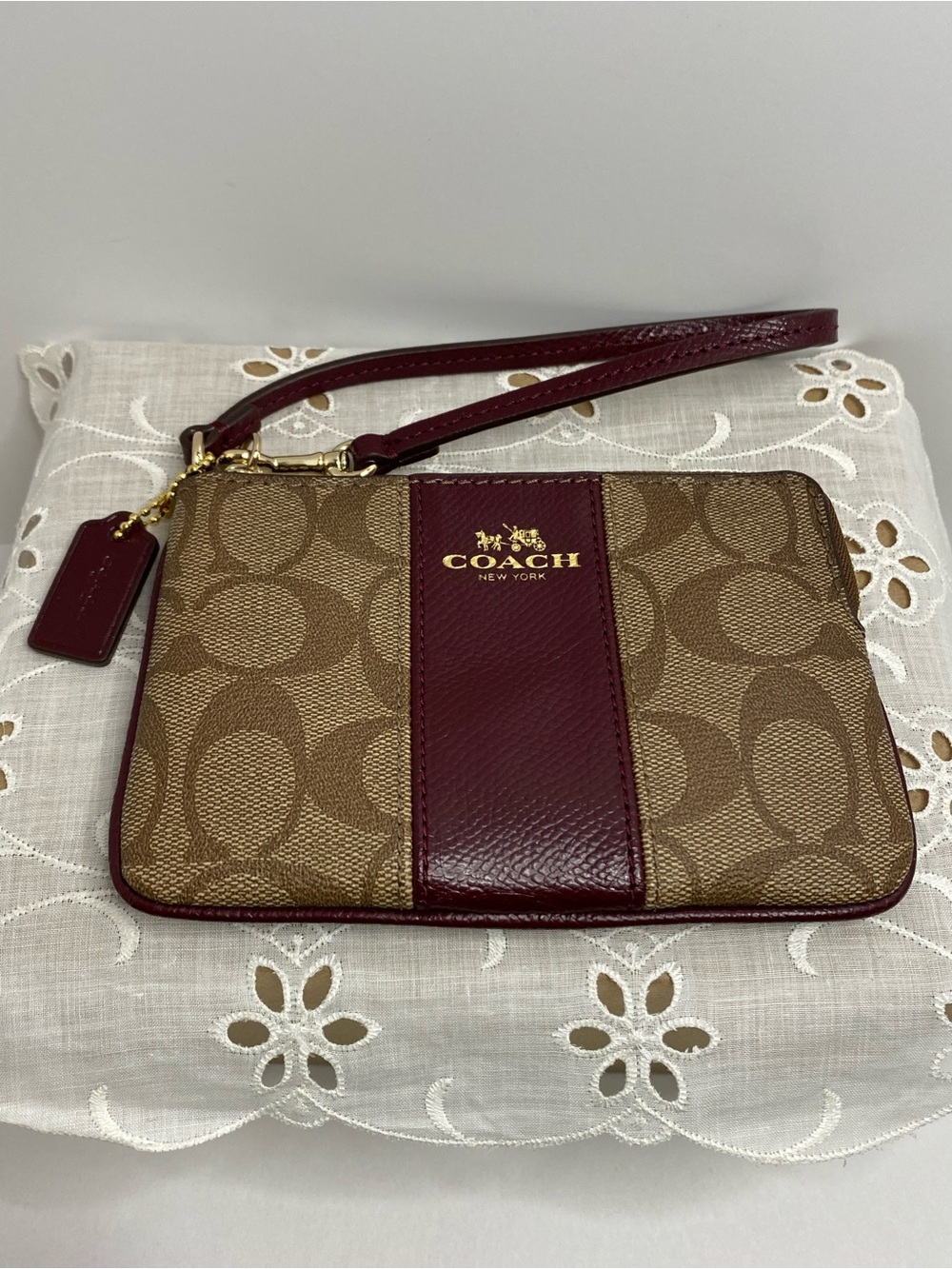 Coach Y2K Corner Zip Wristlet Signature Leather Mini Brown Maroon Gold Tone